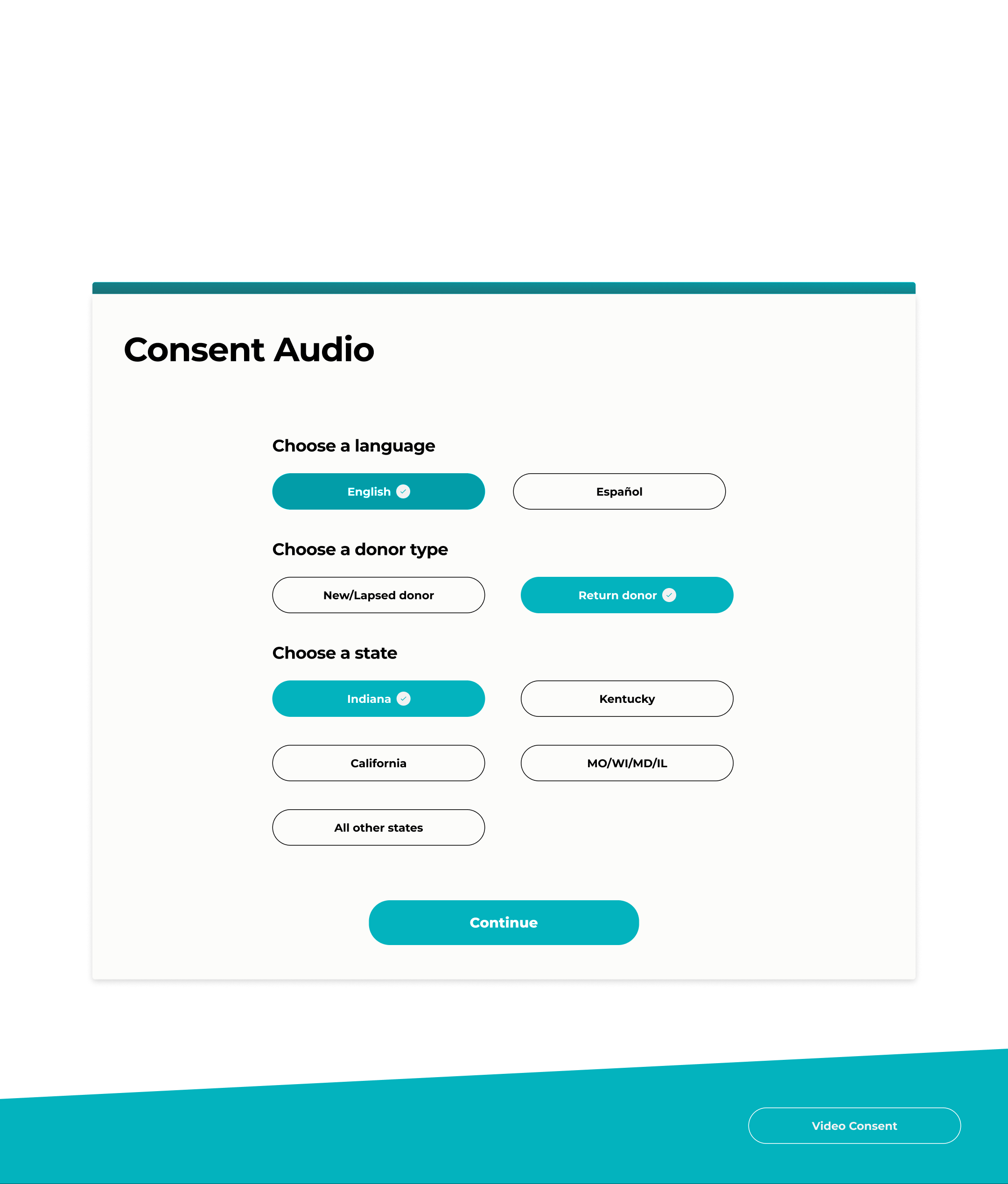 A Consent Audio page with language, donor type and state choices