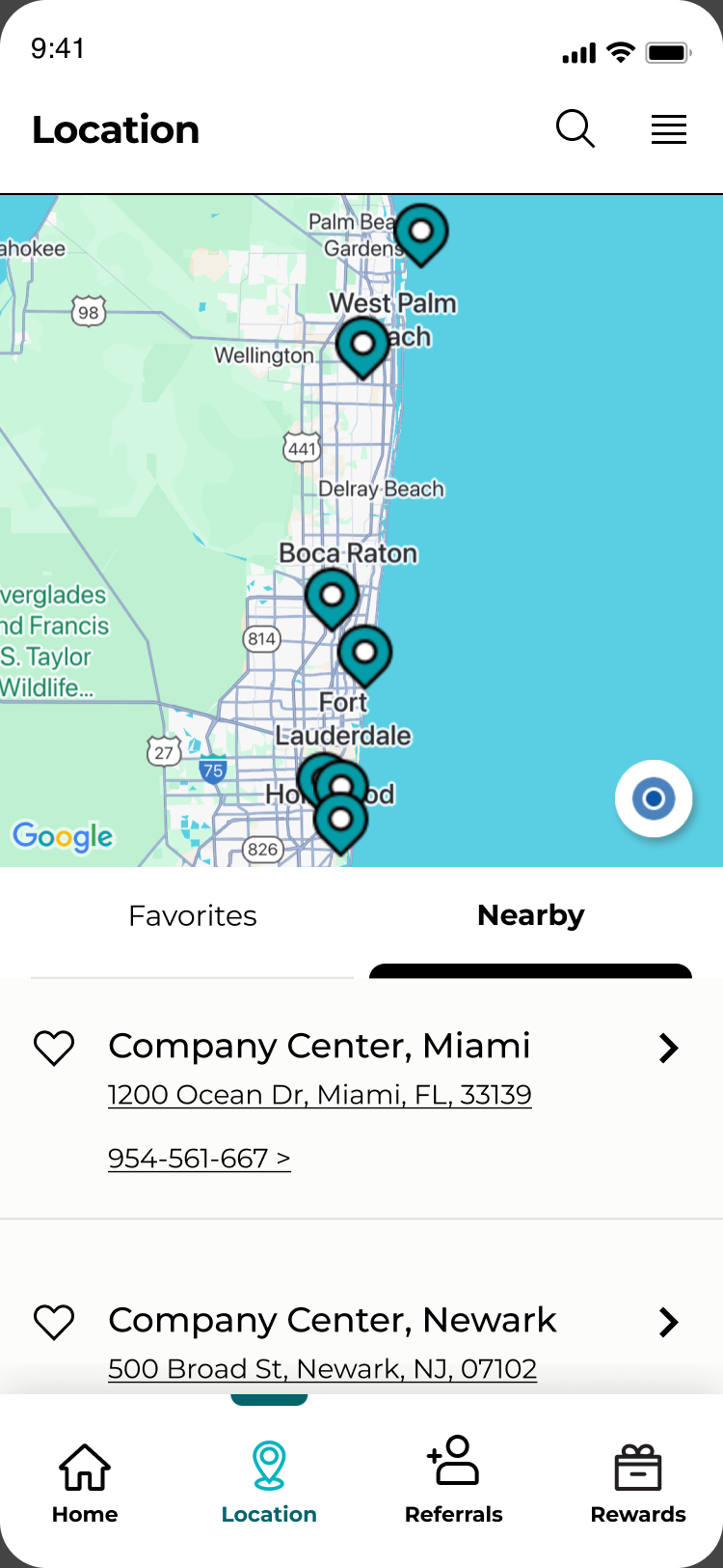 Location tab with permission granted, showing nearby centers
