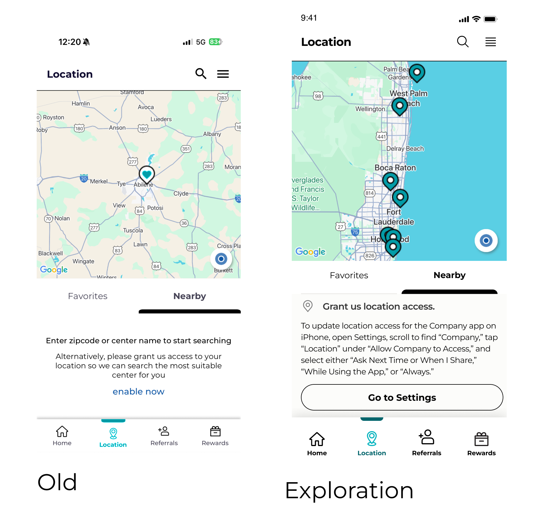 Old next to Exploration: the Location tab today beside the redesigned permission screen