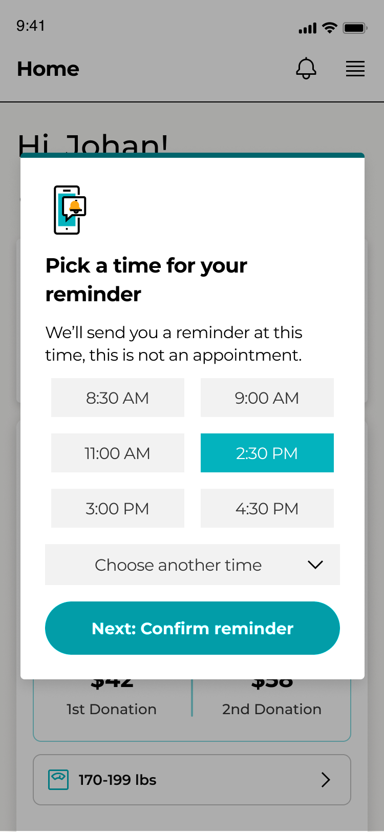 A sheet headed Pick a time for your reminder, with time chips