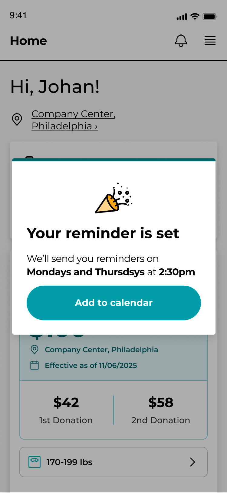 A confirmation sheet reading Your reminder is set, with an Add to calendar button