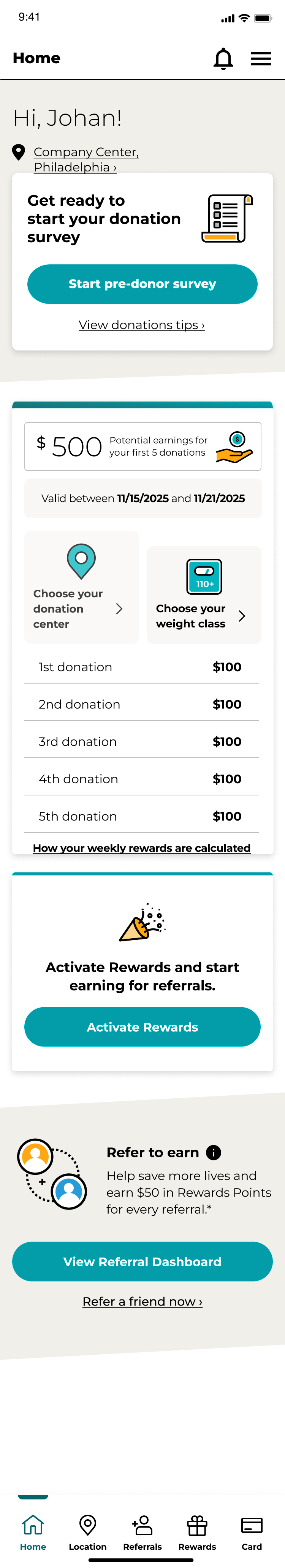The pre-donor home screen, from the donation survey prompt down to the refer to earn card