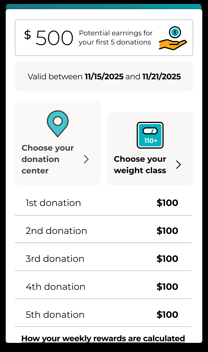 The rewards card on its own, as shown to a pre-donor