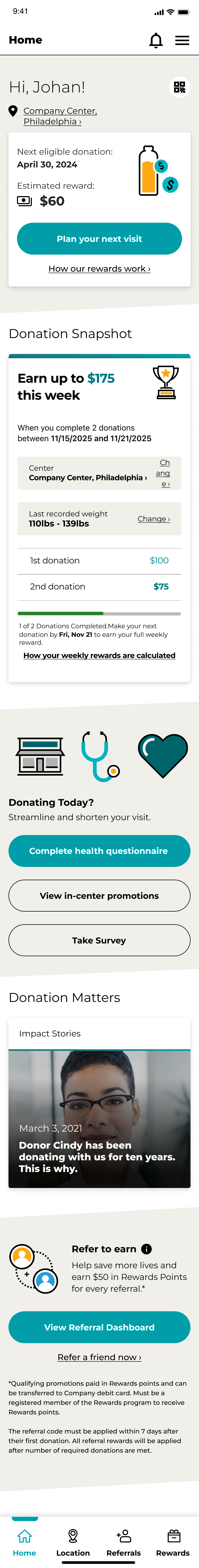 The qualified donor home screen, from next eligible donation down to referrals