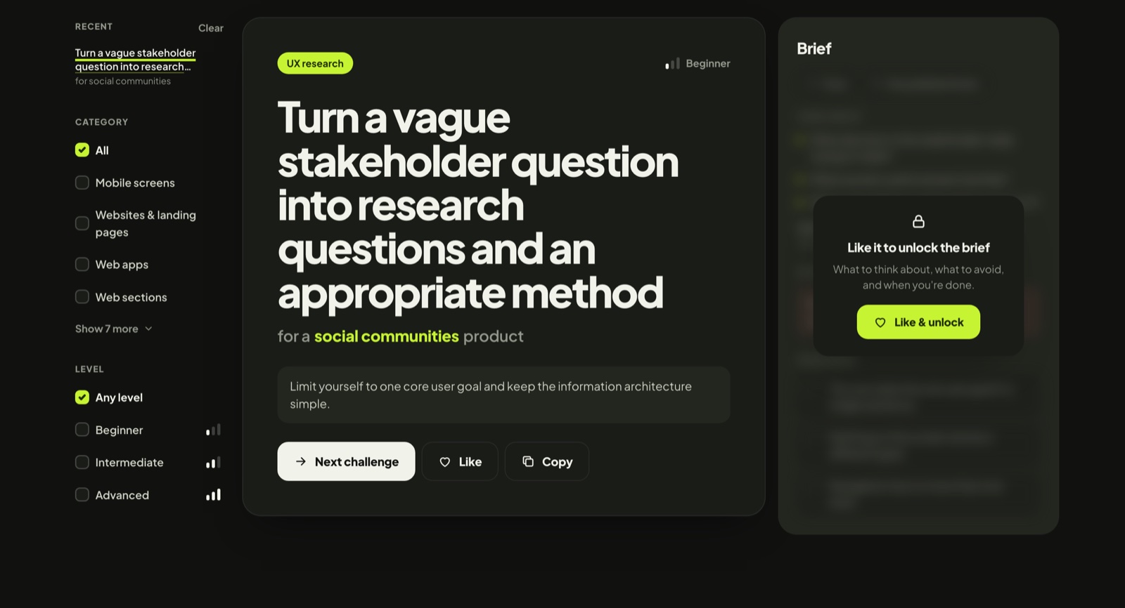 Design Challenge showing a UX research prompt, category and level filters, and a locked brief
