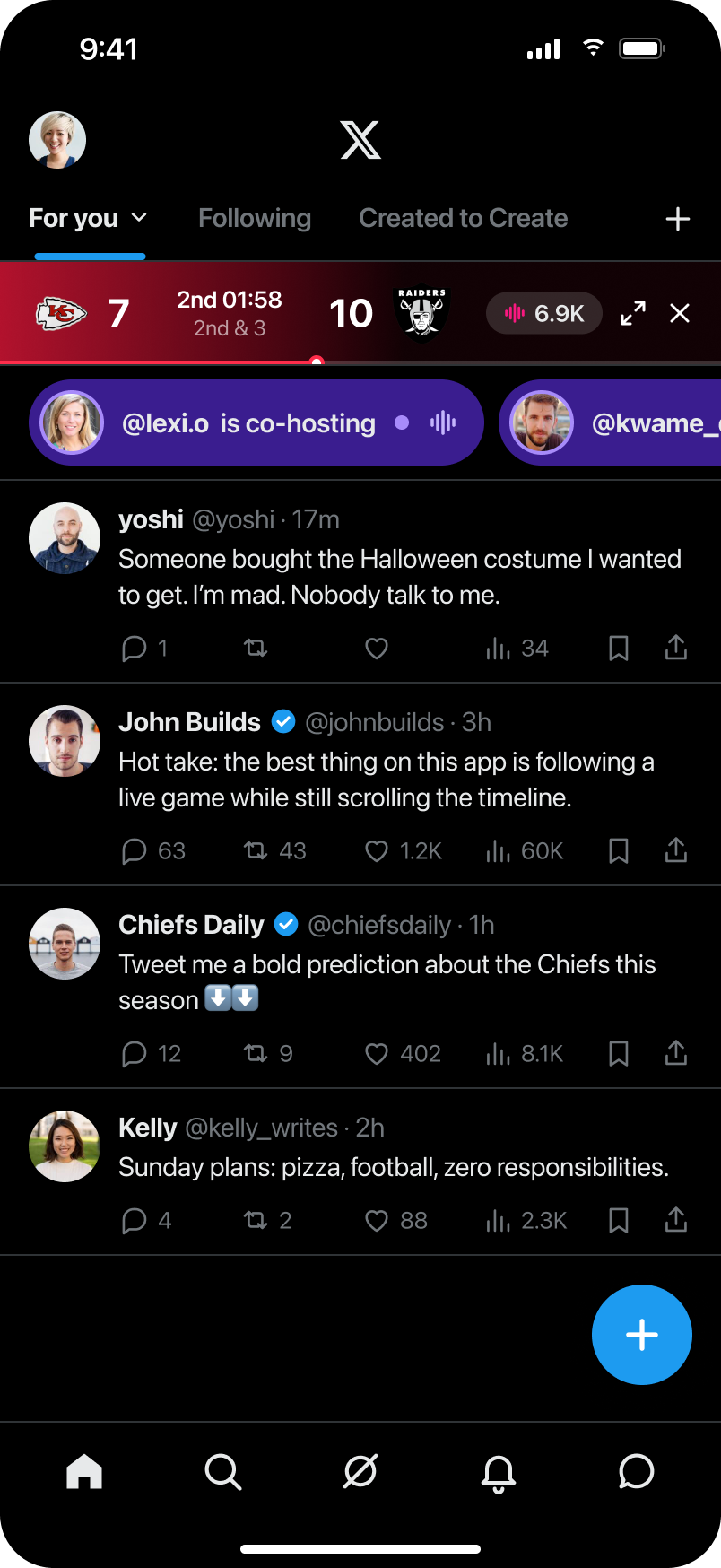 X timeline with the game strip docked above Spaces