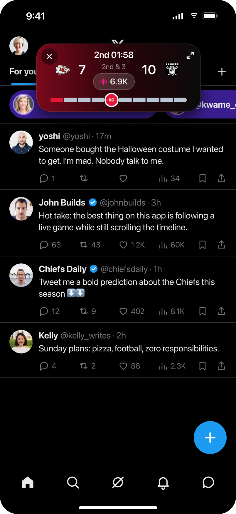 X timeline with the docked game card floating over the tabs and Spaces
