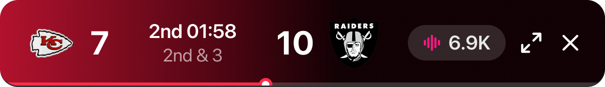 Close-up of the game strip: Chiefs 7, 2nd quarter 01:58, 2nd and 3, Raiders 10, 6.9K listening, expand and close