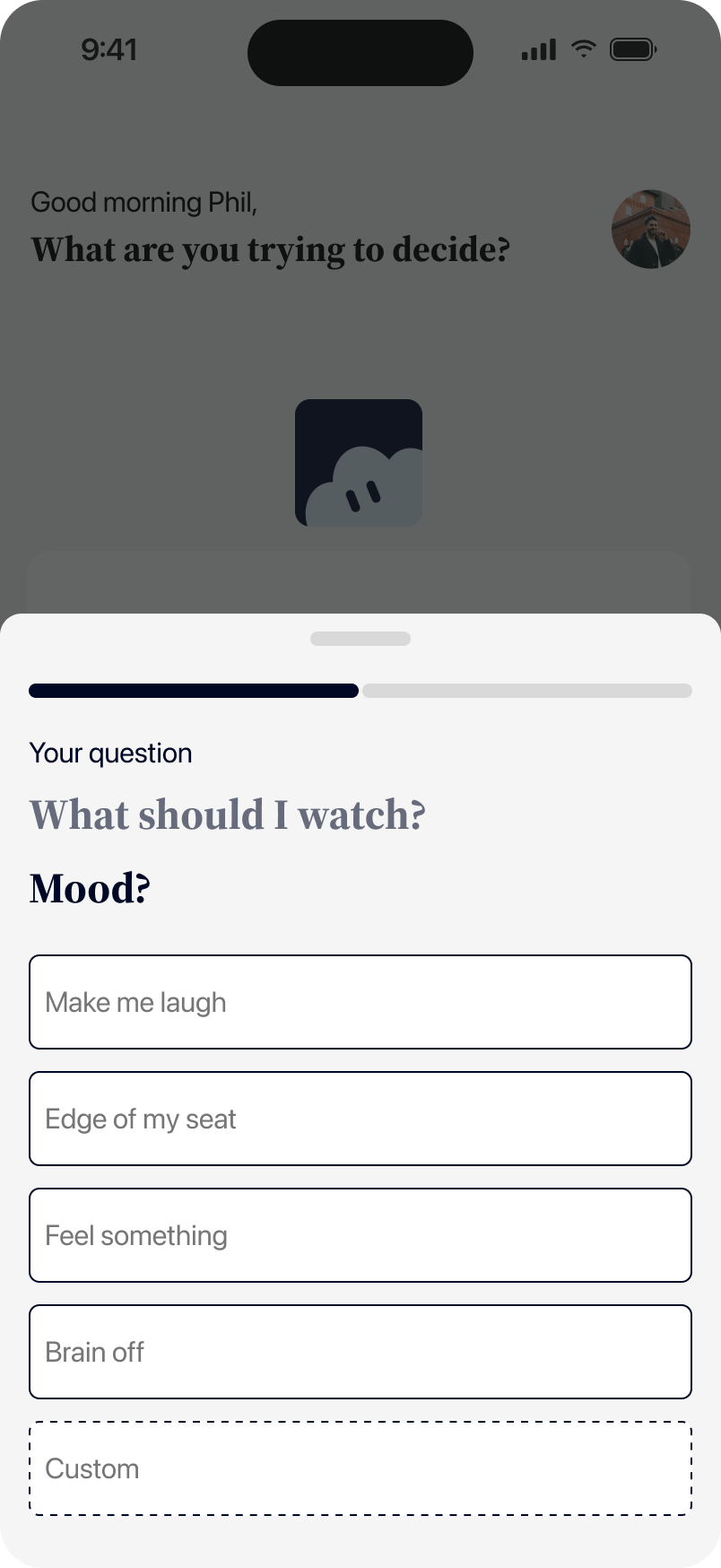 A sheet asking Mood? with options like Make me laugh and Edge of my seat