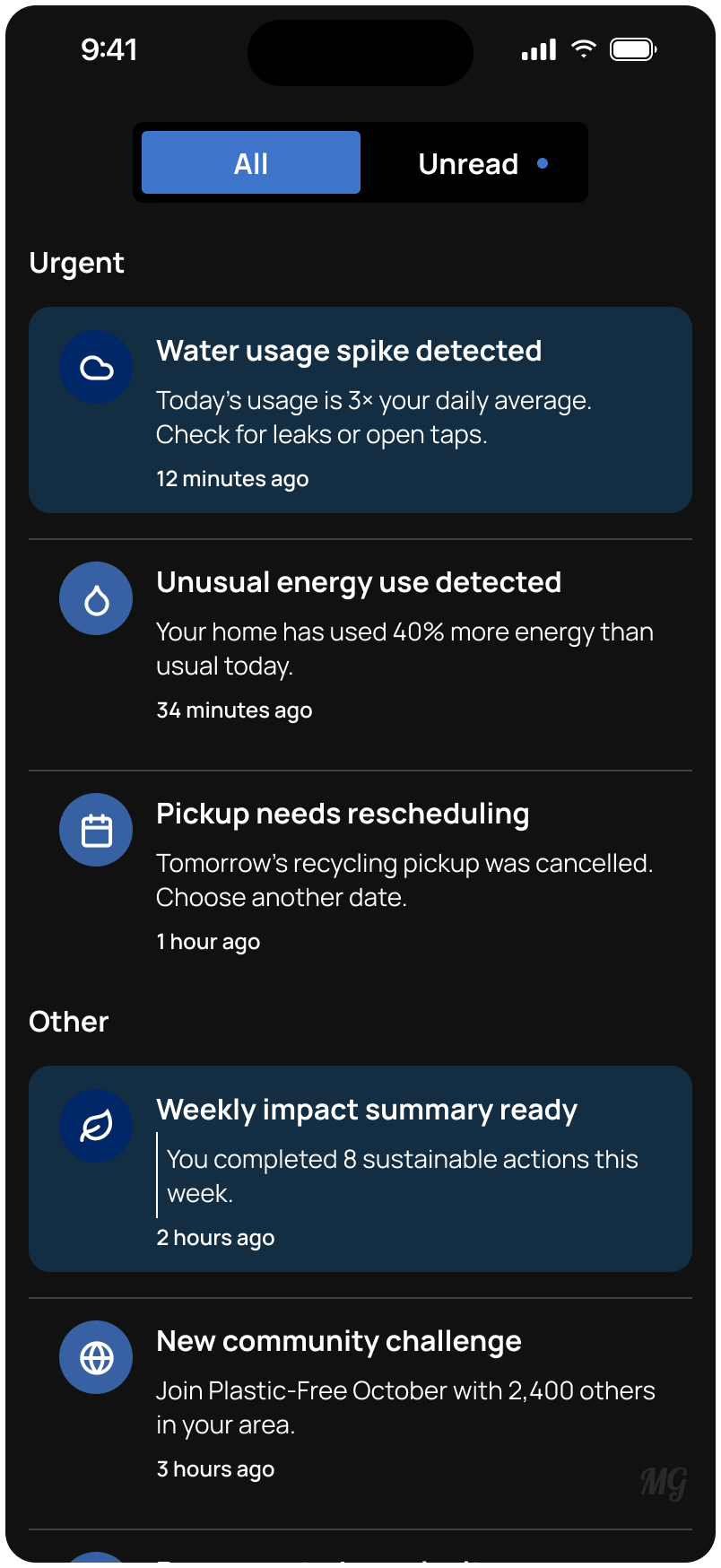 The same notifications screen in dark mode