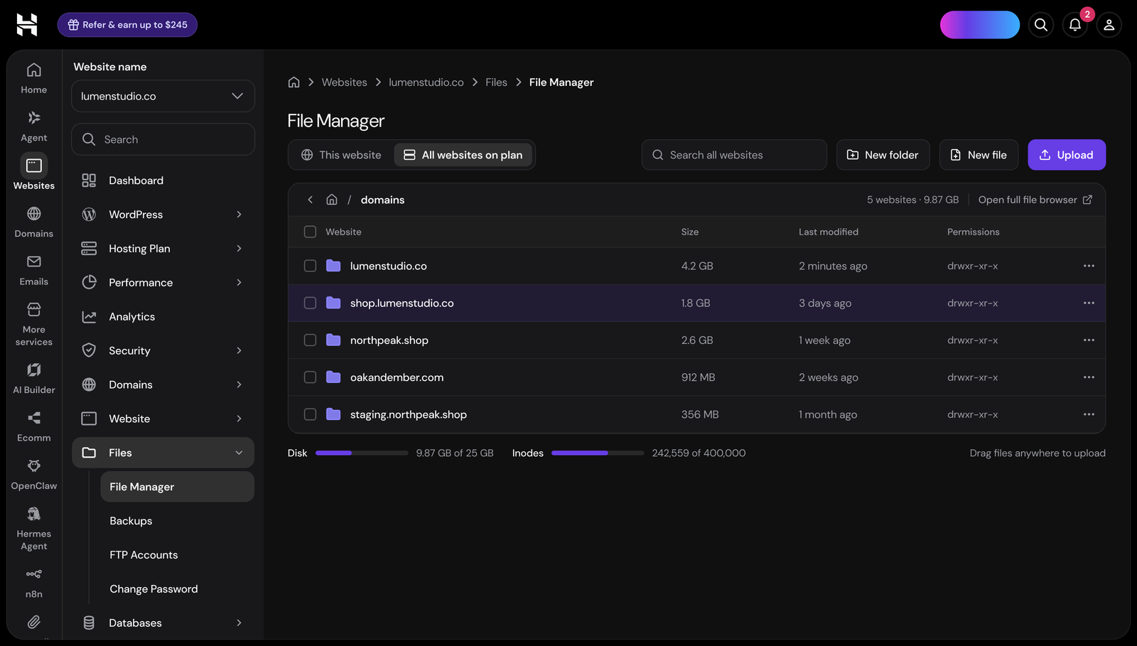 File Manager with All websites on plan selected, listing each website folder with its size