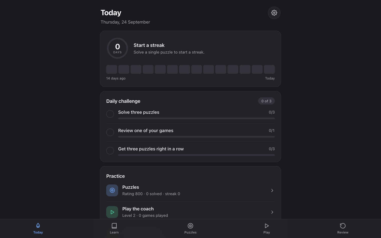Learn Chess: the Today screen with a streak tracker and daily challenges
