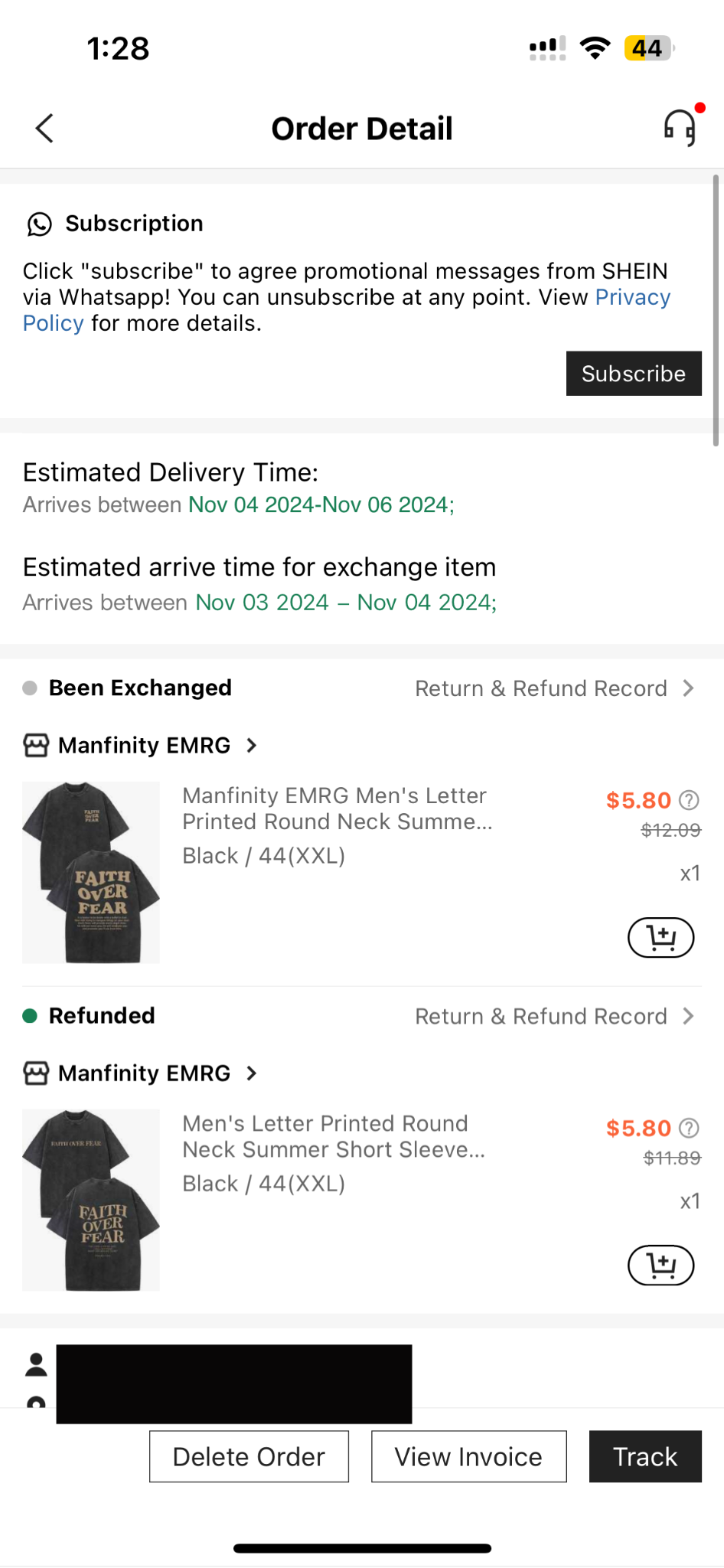 Original SHEIN order details screen before redesign