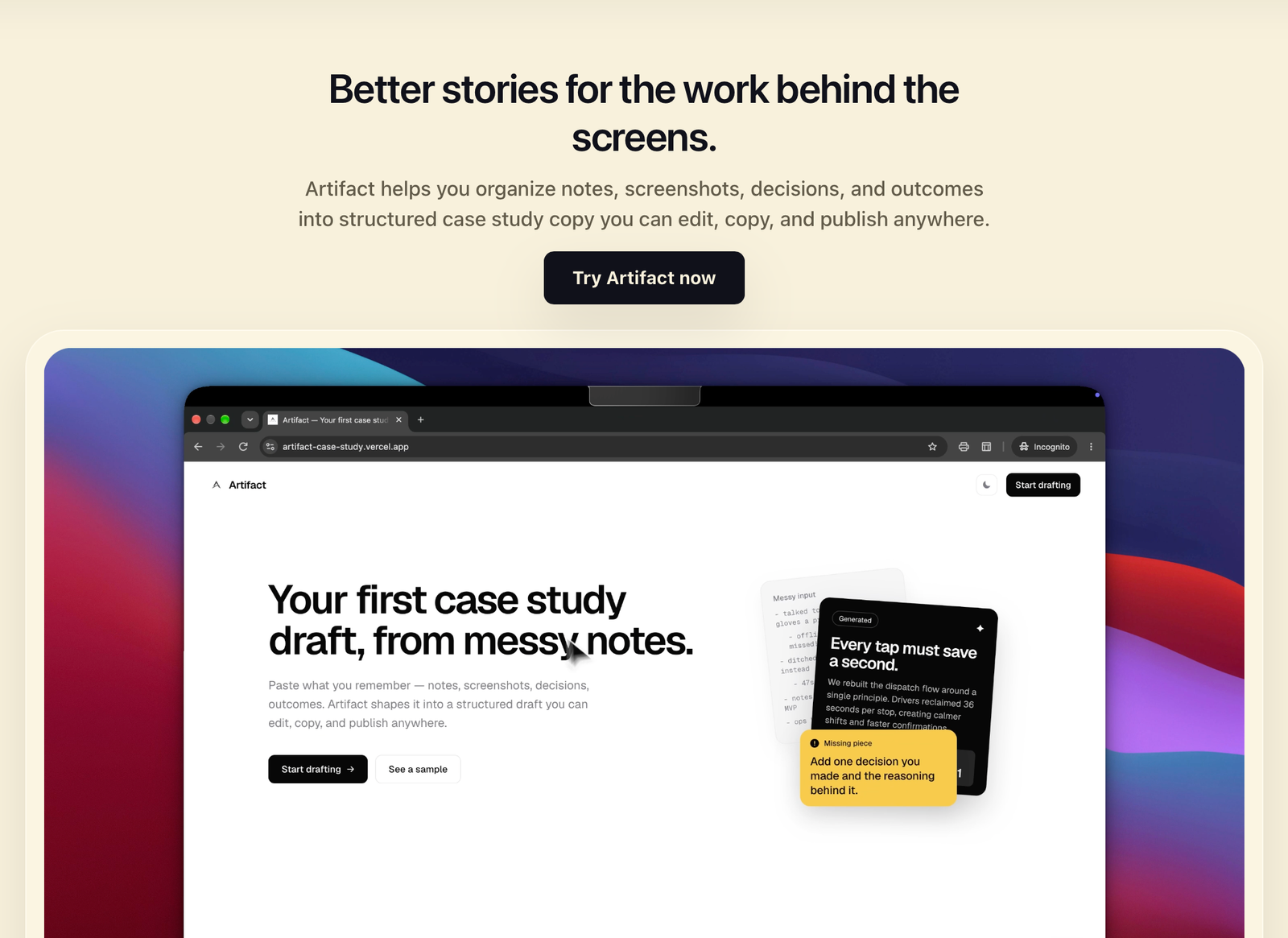 The Artifact app turning messy notes into a case study draft