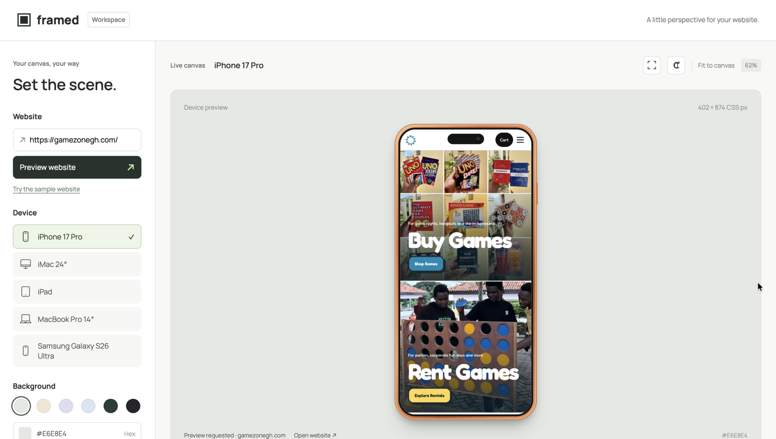 The Framed workspace previewing a website inside an iPhone 17 Pro frame